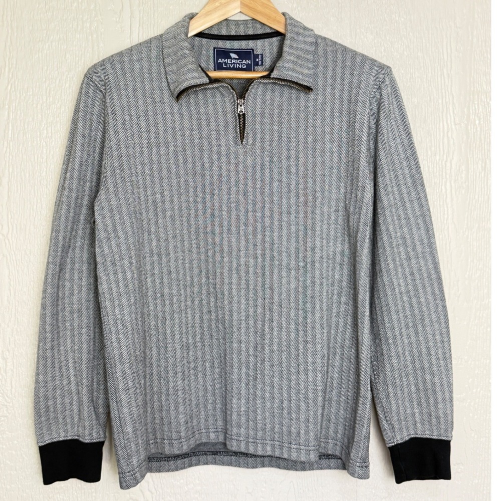 American Living Mens Gray Herringbone Quarter Zip Pullover Cotton Sweater Size M